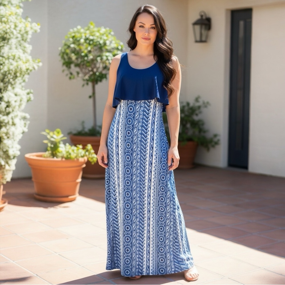 'I'm in Love with Derek' Blue Geometric Maxi Dress - Size L